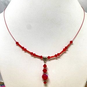 Red Swarovski crystals sparkle beaded wire choker necklace 925 sterling silver